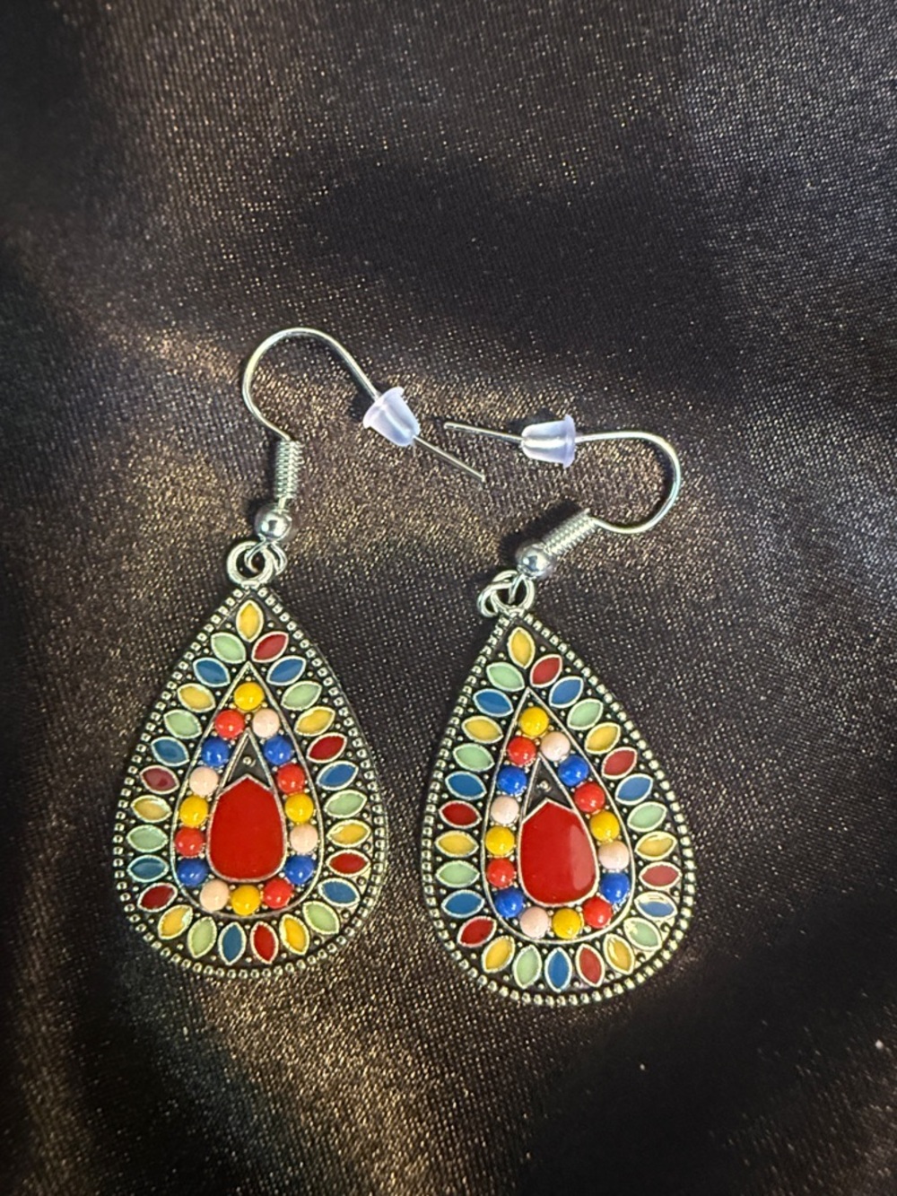 Colorful Boho Teardrop Dangle Earrings with Red Center